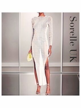 SORELLE UK Silver Embellished Crystal Mesh Maxi Dress